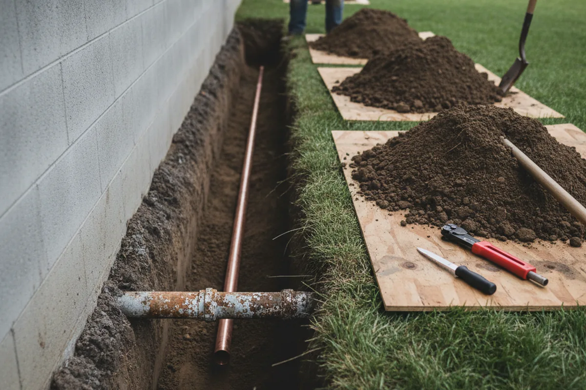 Excavated water line trench during Sewer Line Repair in Washington